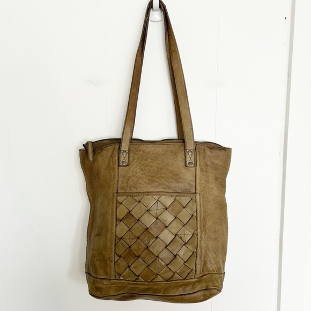Vilenca Holland Anthropologie North South Olive Green Leather Woven Tote‎ Bag